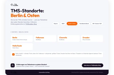 Übersichtsgrafik der TMS-Testorte in Berlin und Ostdeutschland mit Andel's Hotel, Falkensee, Chemnitz, Dresden und Halle/Saale.